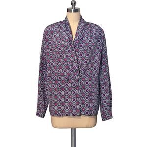 Vintage 70's 80's  Purple Print Blouse Double Button Front L XL
